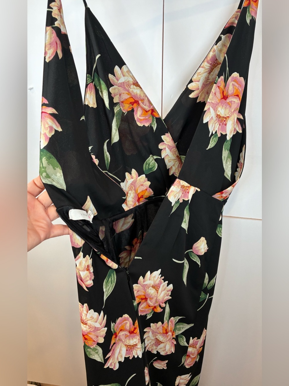 Lush Black Floral Maxi Dress Side Slit V-Neck Low Back Peony Print Size XS - Picture 6 of 8